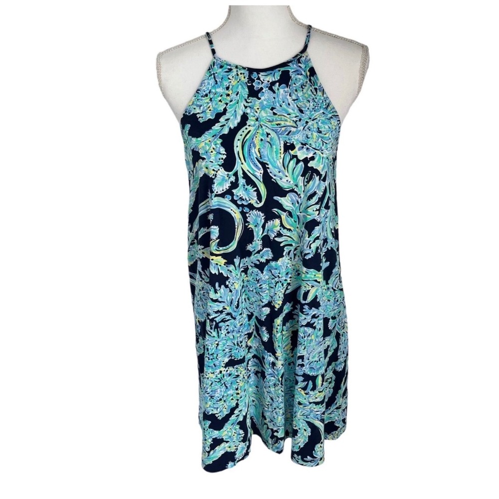 Lilly Pulitzer Margot Swing Dress Womens Large Navy Blue Scuba Doo Tassel Halter